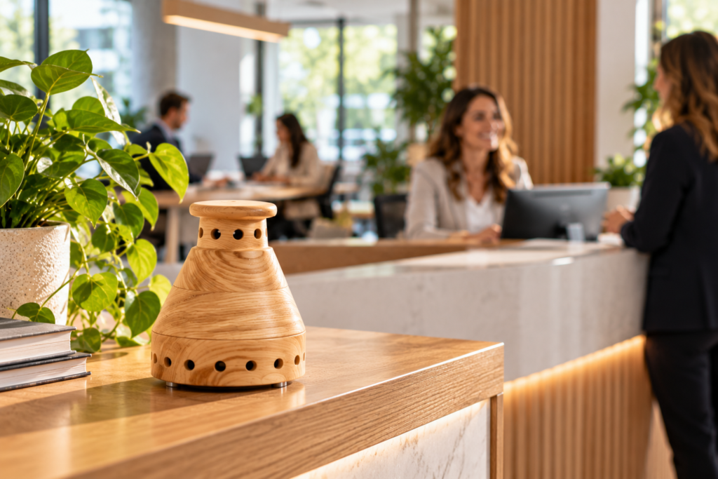 beecura PROPOBLISS natural wood propolis diffuser displayed in a modern workplace reception area