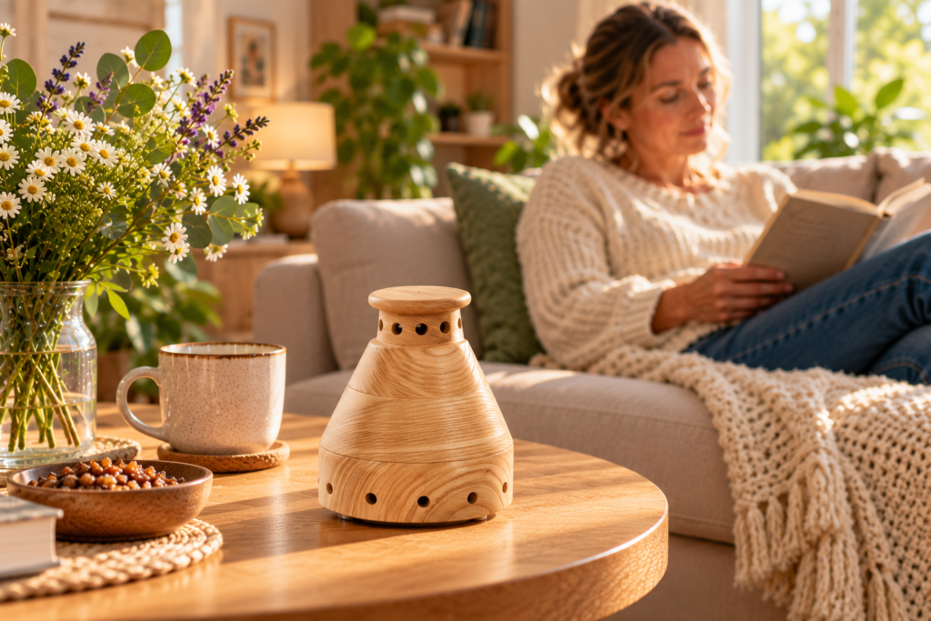 beecura PROPOBLISS natural wood propolis diffuser on a coffee table in a cosy living room with a woman reading on the sofa