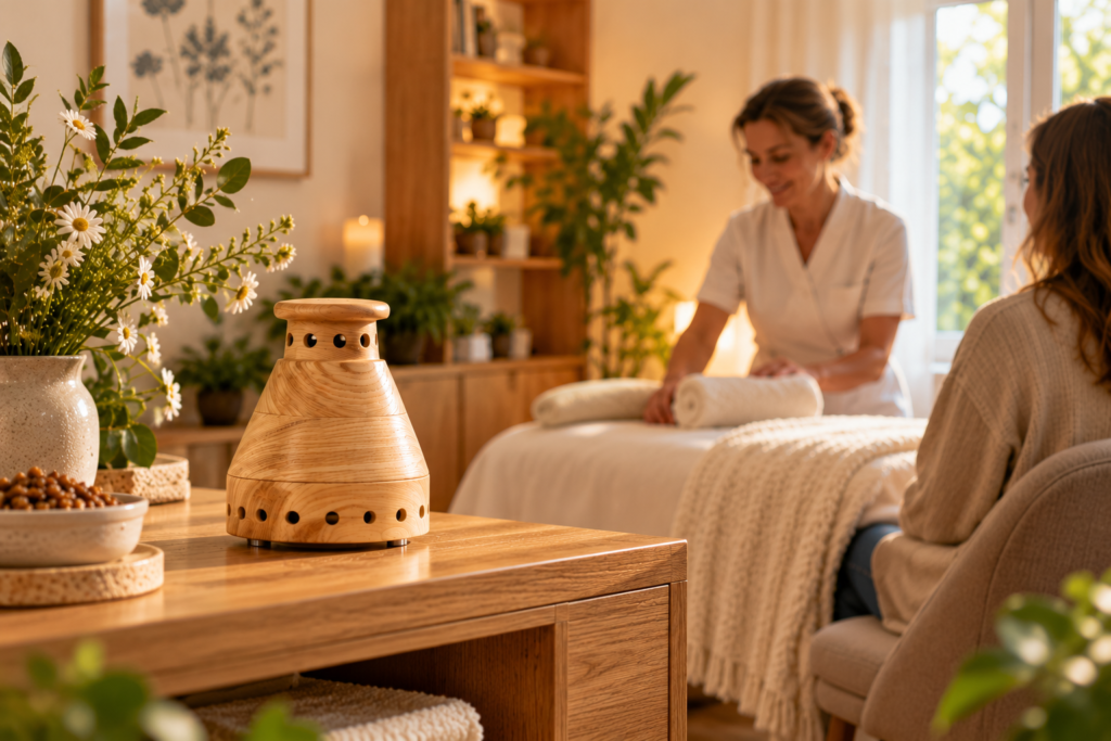 beecura PROPOBLISS wooden propolis diffuser in a natural wellness practice setting